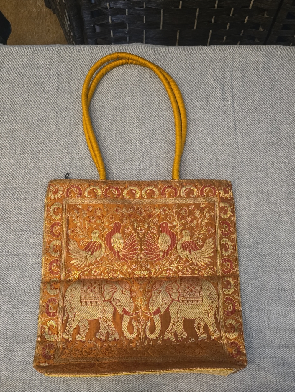 Handmade Banarasi Silk Brocade Elephant & Peacock Ethnic Tote Handbag